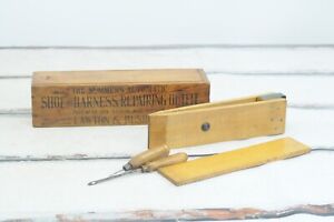 Antique 1898 Advertising Wood Box Tools Harness And Shoe Repair Kit Lawton