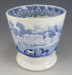Antique Pottery Pearlware Blue Transfer Country House Scene Shaving Mug 1830