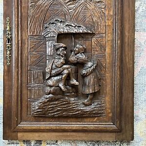 28 Tall Hand Carved French Antique Oak Renaissance Medieval Scene Wood Panel
