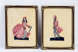 Antique Embroidered Needlepoint Petit Point Gold Frame Pair Lot Woman Man Convex