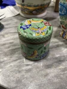 Antique Chinese Cloisonne Tea Caddy Box Lidded Jar Enamel Flowers Butterflies
