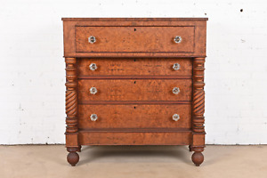 Antique American Empire Burled Mahogany Chest Of Drawers Circa 1820s