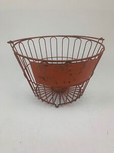 Vintage Red Orange Wire Gathering Egg Fruit Farmhouse Handled Basket W Ad Space