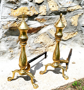 Vintage Antique Brass Federal Style Fireplace Andirons Fire Logs 20 