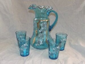 Victorian Hand Painted Lemonade Blue Ruffle Top 11 Pitcher 4 Tumblers No Chips