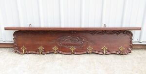 Antique French Oak Wall Mount Coat Or Hat Rack Brass Hooks Mission Hall Tree