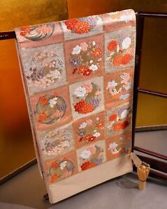 Vintage Japanese Kimono Silk Belt Obi Fukuro Handmade Colorful Flowers Pattern