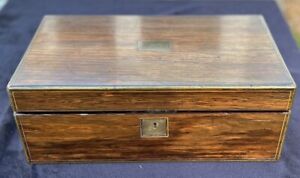 Antique Rosewood Mahogany Writing Slope Box With Inlaid Brass Secret Drawers