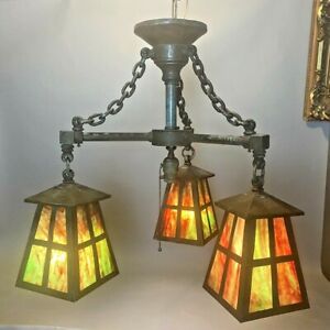 Vintage Mission Arts Crafts Style Hanging Slag Glass Chandelier Light Fixture