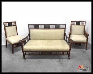 Vintage 1900 Victorian Wood Settee Set Loveseat 2 Chairs Great Condition