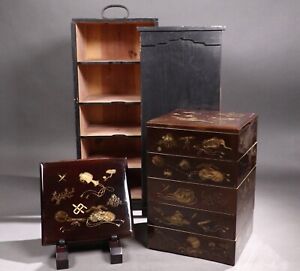 Old Japanese Black Lacquer Wooden Box Gold Makie Treasure Trove Edo Era