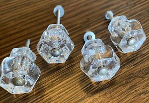 4 Antique Vintage Clear Crystal Glass Cabinet Knobs Drawer Pulls 1 1 4 6 Sided