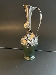Vintage Sterling Silver Overlay Dimensional Vase Ewer Green Glass