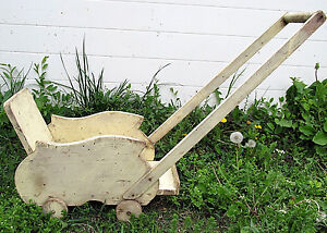 Old Vintage Wooden Baby Doll Stroller Carriage Buggy Toy Original White Painted