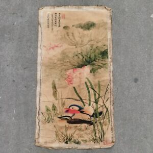 Old Chinese Calligraphy Scroll Painting Hand Painted Lotus Mandarin Duck Slice