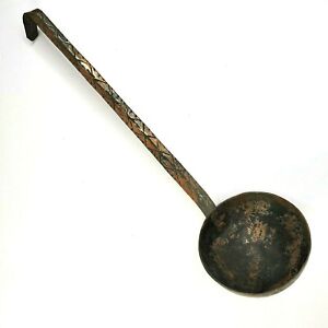 Antique Hand Hammered Copper Fireplace Ladle Decorated Handle Old Repair 17 X5 