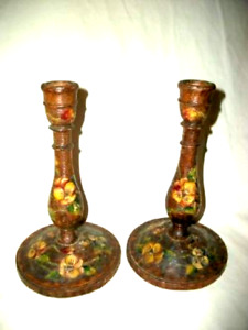 1920s Pyrography Wood Pansies Hp Candle Holders Candlesticks Italian Antique