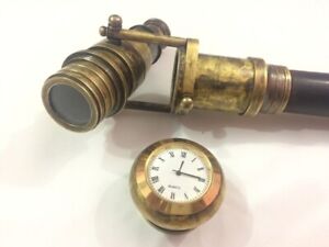 Victorian Brass Wooden Walking Stick Hidden Telescope Stick Clock On Top Wall