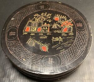 Antique Hand Painted Lacquer Round Wood Box Container Divided Sectioned Asian