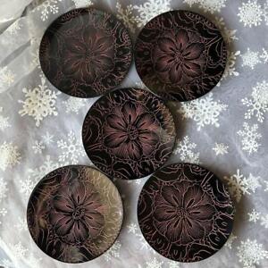 Japanese Lacquerware Wajima Lacquer Peony Carving Sweets Plate Set Of 5