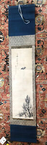 Antique Japanese Scroll Hand Painted Bat Foliage 13 5 X65 With Original Box