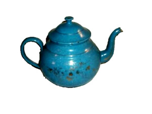 Antique French Enamelware Blue Speckled Teapot Kettle Graniteware Gilt Flowers