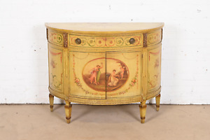 Italian Neoclassical Hand Painted Demilune Console Or Bar Cabinet