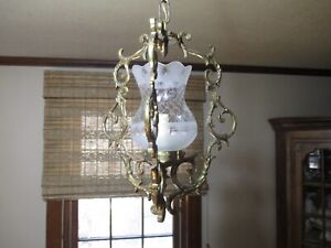Vintage Victorian Brass Hanging Pendant Light W Glass Shade
