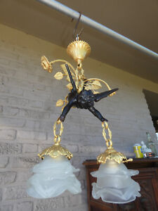 Stunning French Bronze Putti Cherbub Floral Chandelier Lamp Rare