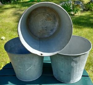  3 Antique Galvanized Metal Maple Sap Buckets Barn Farm 1 Patent July 11 1911