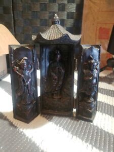 Signed Vintage Relief Carved Wooden Buddha Shrine Altar Travel Portable Tri Fold