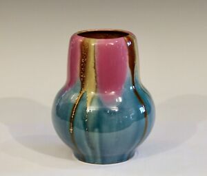 Vintage Awaji Pottery Art Deco Studio Japanese Flambe Turned Drip Vase Signed