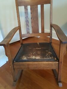 Antique Rocker Arts Crafts Mission Tiger Oak Leather Seat Wood
