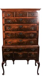 Antique 20th C Queen Anne Style Walnut Carved Tall Chest Highboy