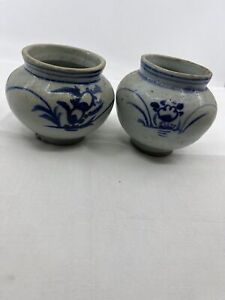 Ancient Korean Yi Dynasty Blue White Celadon Jars Set Of 2 Circa 18th Century