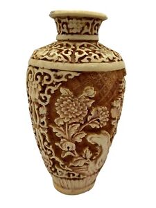 Antique Chinese Hand Carved White Cinnabar Vase 6 Asian Floral Pattern Oriental