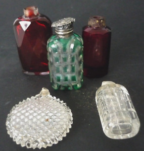 Antique Group Of Five Scent Bottles Inc Green To Clear Glass Silver Hinged Top