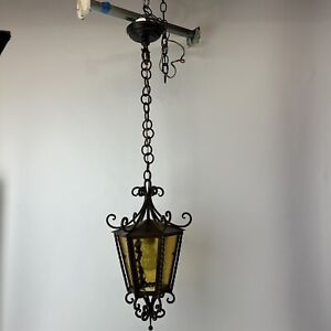 Spanish Revival Wrought Iron Hanging Lamp Square Iron Bent And Curled Mcm