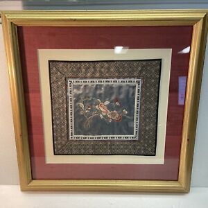 Vintage Gold Framed Chinese Silk Embroidery Floral Pattern With Bird 19 X19 