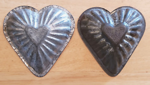 Antique 2 Tin Heart Tart Candy Molds Old Dark Patina Farm House 2