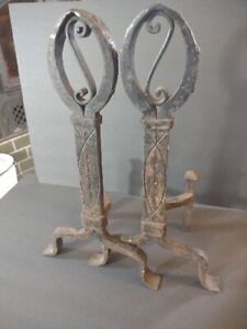 Vintage Fireplace Andirons Log Holders Wrought Iron Black Smith S 20 