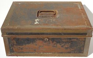 Antique 1920s Metal Bank Cash Document Box Vintage 17 Tin Security Lock Box
