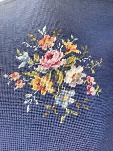 Very Old 20 X 14 Shaped Embroidered Tapestry Blue With Flowers