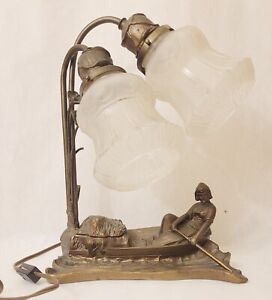 Antique Art Nouveau Lamp With Inkwell Girl Figural Double Lamp Inkwell Base