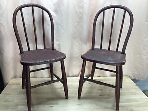 2 Old Primitive Farm School Kitchen Home Wooden Childs Chair Old Red Paint Euc