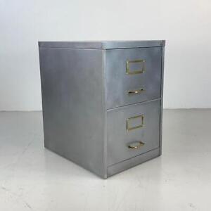 Vintage Industrial Stripped Metal 2 Drawer Filing Cabinet Brass Handles 4098