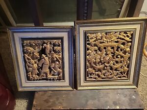 Antique Chinese Deeply Carved Gilt Wood Bas Relief Panels 2 