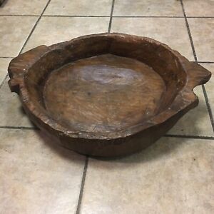 Primitive Round Hand Made Solid Wooden Bowl Farmhouse Shic Rustic Country