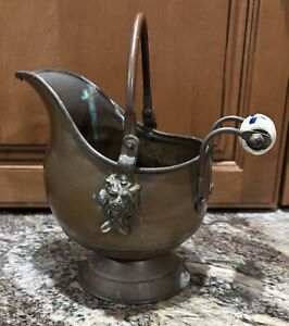 Vintage Brass Copper Small Coal Bucket Scuttle W Delft Handle Lion Heads As Is