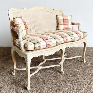French Off White Cane Back Bench Settee